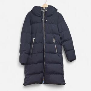 DKNY Navy Blue Long Hooded Puffer Coat - Size Small